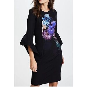 Black Halo Lorie purple large floral bell sleeve dress size 2